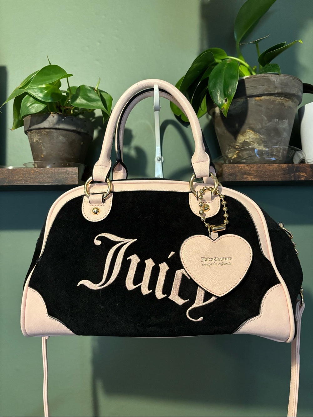 Juicy Couture Black Velvet Purse with Light Pink Trim